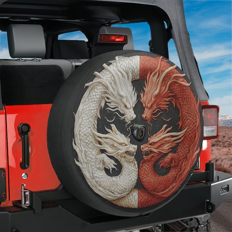 Balance of the Dragons spare tire cover on red Jeep Wrangler with white and red yin-yang dragon art