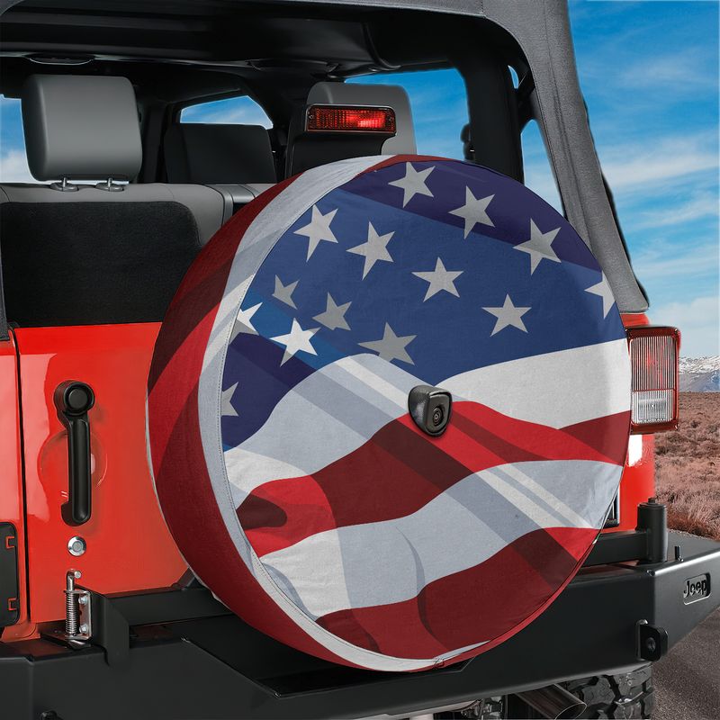 American flag spare tire cover on red Jeep Wrangler displaying stars and stripes with camera cutout