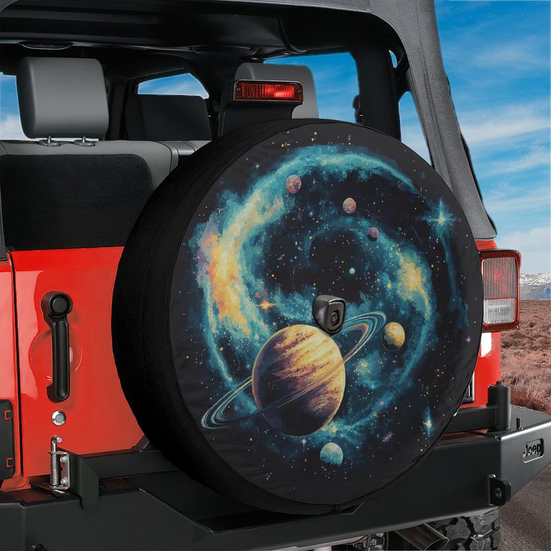 Planetary Pathways spare tire cover product shot showing the colorful planetary scene centered on the round cover