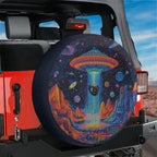 Starport Odyssey UFO spare tire cover on red Jeep Wrangler with alien landscape print