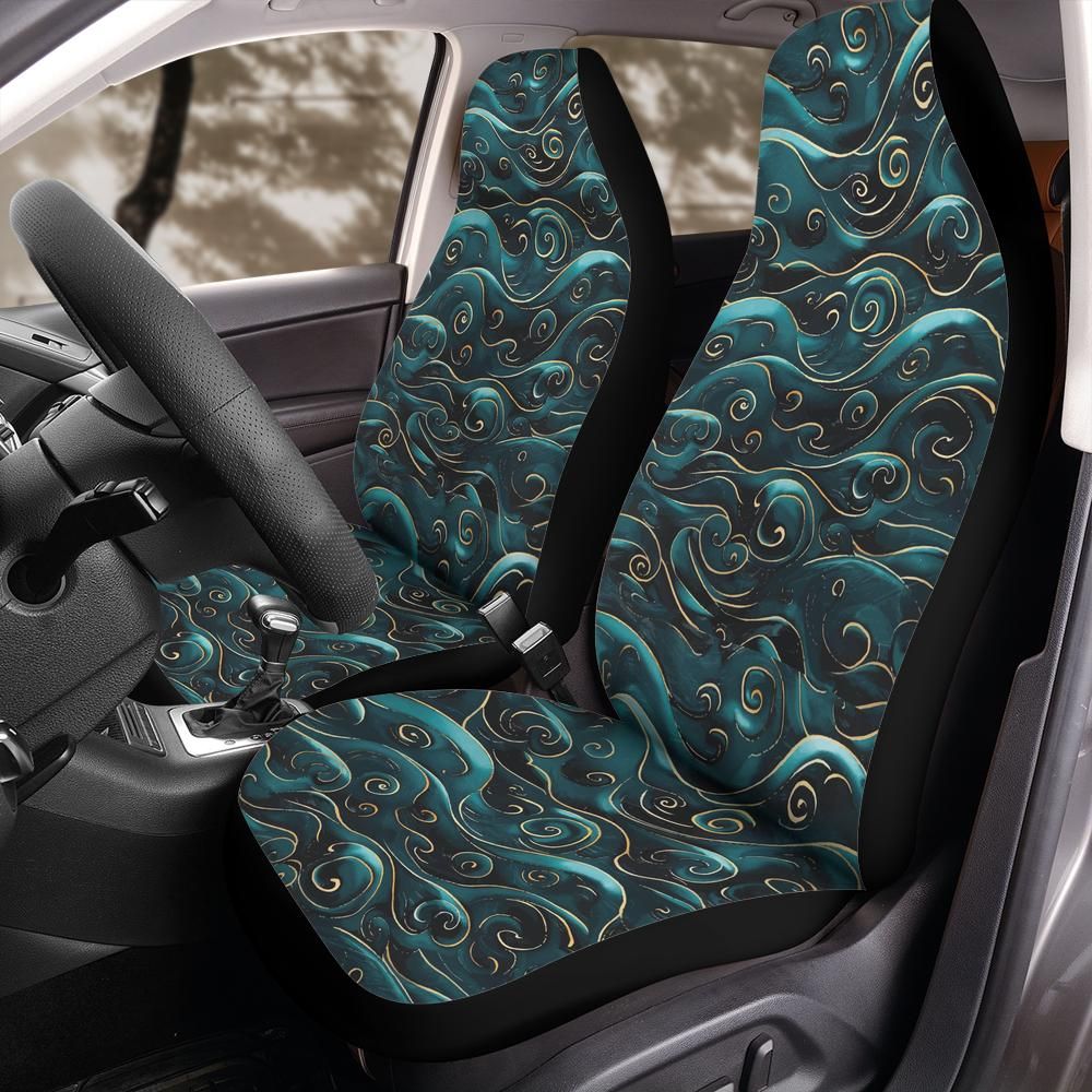 Golden Teal Wave Front Car Seat Covers for Front Bucket Seats – Universal Fit