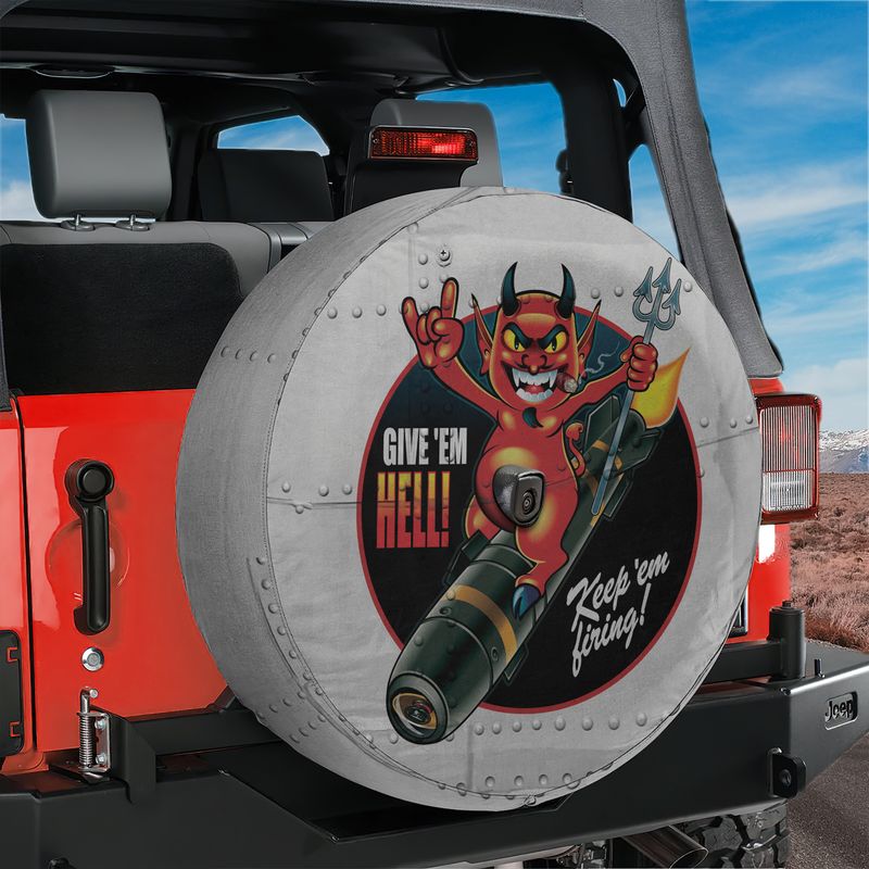 Give Em Hell Vintage Bomber pinup spare tire cover on red Jeep Wrangler nose art print