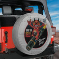 Give Em Hell Vintage Bomber pinup spare tire cover on red Jeep Wrangler nose art print