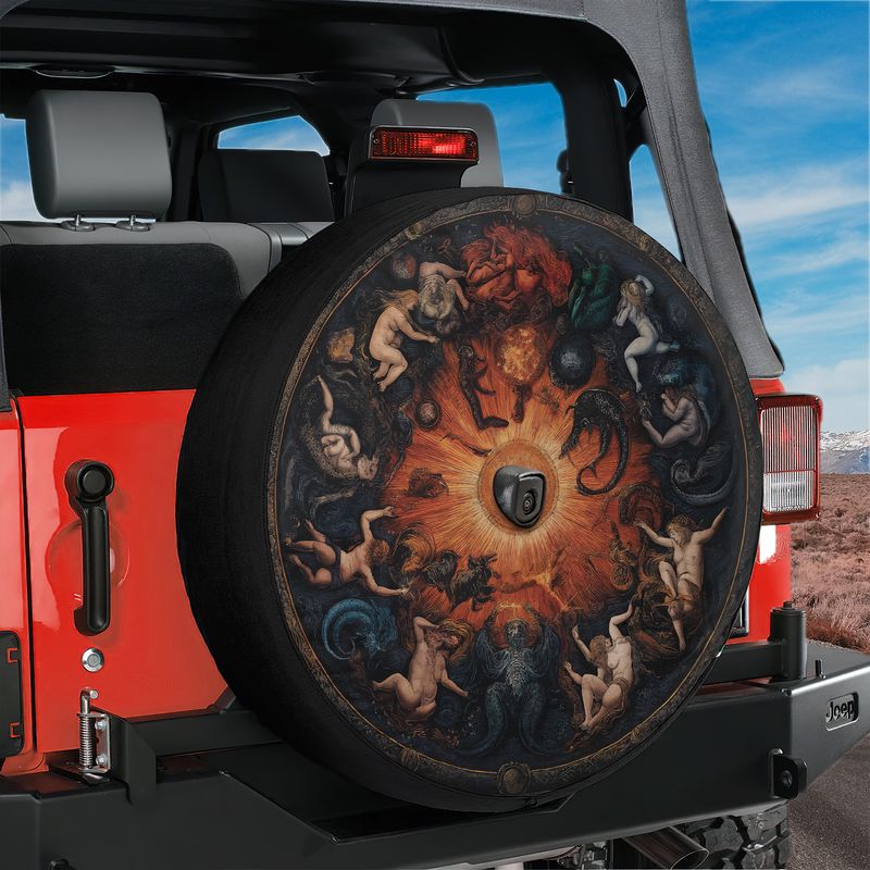 Celestial Zodiac Masterpiece spare tire cover on red Jeep Wrangler with classical sunburst zodiac mural