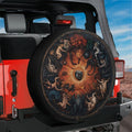 Celestial Zodiac Masterpiece spare tire cover on red Jeep Wrangler with classical sunburst zodiac mural