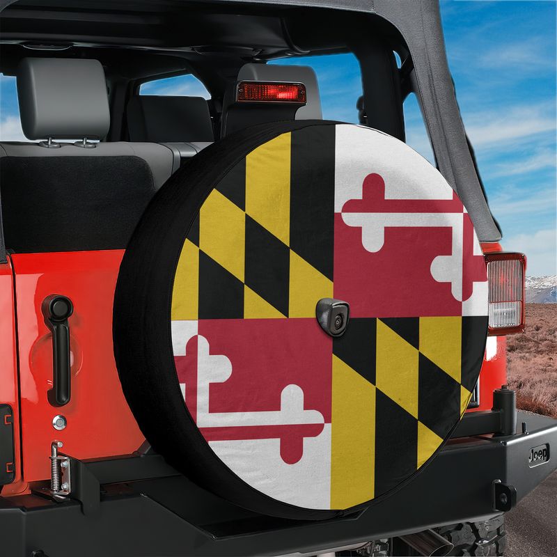 Maryland state flag spare tire cover studio shot showing gold black checker and red white cross bottony pattern
