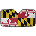 Maryland State Flag auto sunshade artwork displayed flat above an installed windshield mockup view