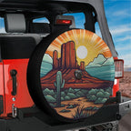 Sunset over Sedona tire cover on a red Jeep Wrangler with desert mesa cactus and backup camera hole