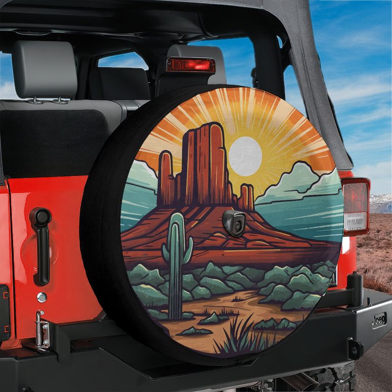 Sunset over Sedona tire cover on a red Jeep Wrangler with desert mesa cactus and backup camera hole