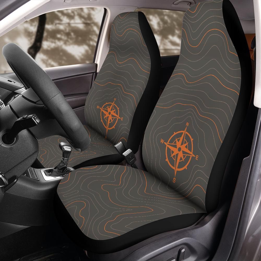 Topographic map front seat cover hero product shot on plain background, universal bucket seat fit