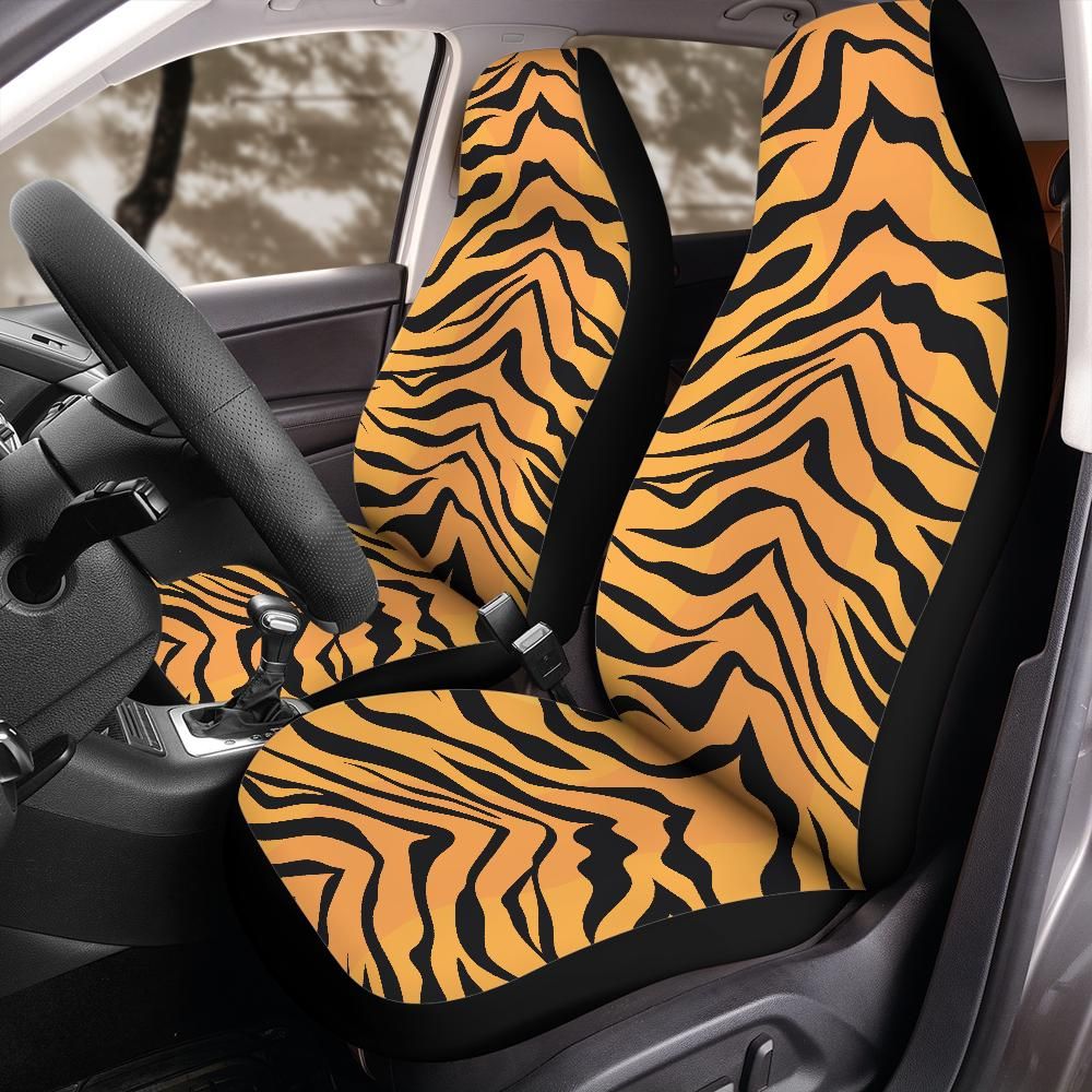 Tiger stripe seat cover hero product shot on plain background, universal bucket seat fit