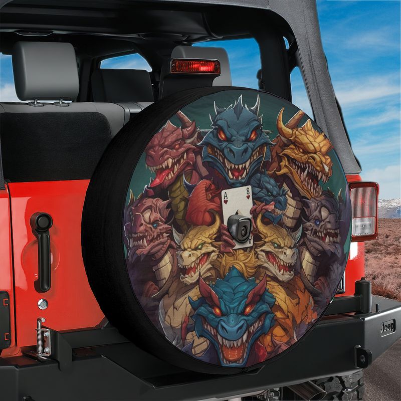 Dragons ace mischief tire cover on a red Jeep Wrangler with fierce dragon heads encircling playing cards