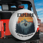 Explore Everyday spare tire cover main render with vintage mountain sunset pine forest design