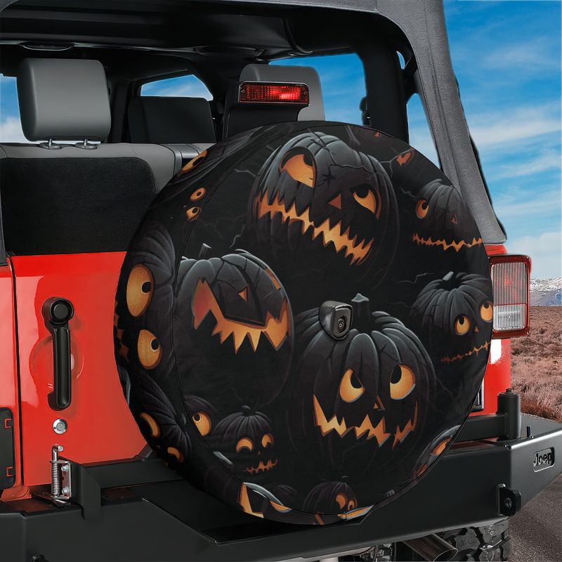 Halloween Shadow Pumpkin Patch spare tire cover with jack-o-lanterns on red Jeep Wrangler