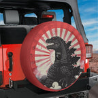 Kaiju Japanese sunburst spare tire cover on red Jeep Wrangler featuring snarling reptile creature