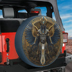 Egyptian pharaoh winged deity spare tire cover mounted on a red Ford Bronco tailgate amid red rock canyons