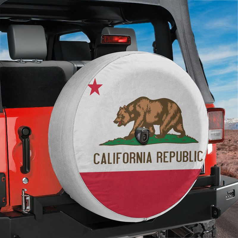 California Republic state flag spare tire cover studio shot showing grizzly bear and Bear Flag with camera cutout