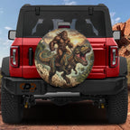 Sasquatch Riding Tyrannosaurus Rex Prehistoric Spare Tire Cover With Backup Camera Hole Option