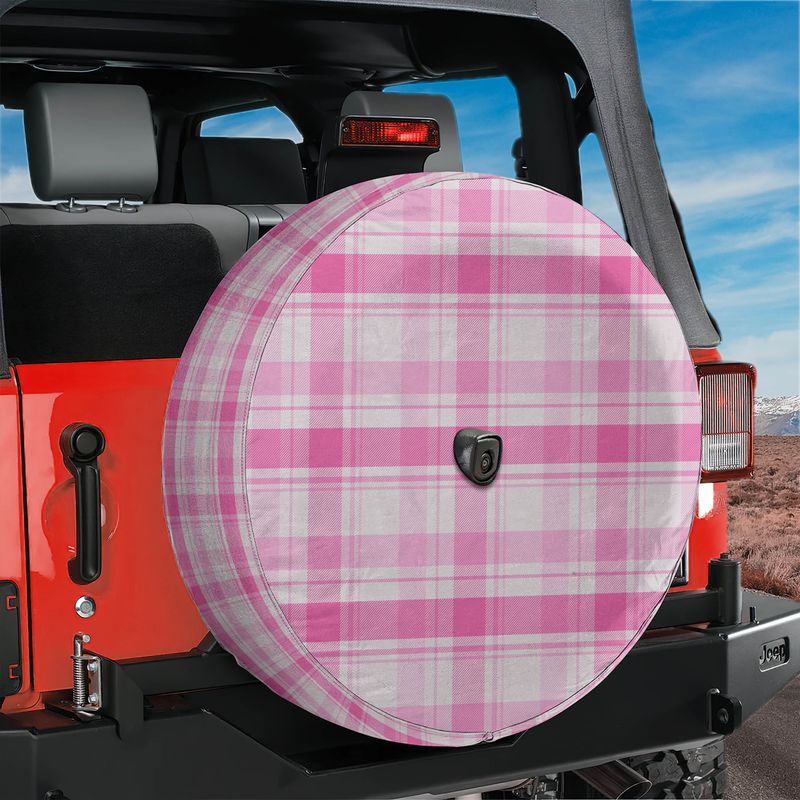 Pink Plaid Spare Tire Cover With Backup Camera Hole Option