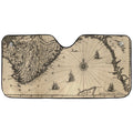 Cartographer Ocean Trail auto sunshade artwork displayed flat above an installed windshield mockup view