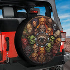 Monster slayers gathering tire cover on a red Jeep Wrangler with backup camera hole and monster portrait art