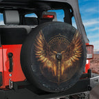 Norse Valkyrie wings spare tire cover mounted on a red Ford Bronco tailgate against a red rock desert scene