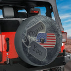 Veterans tribute spare tire cover with dog tags and American flag mounted on a red Ford Bronco rear tailgate