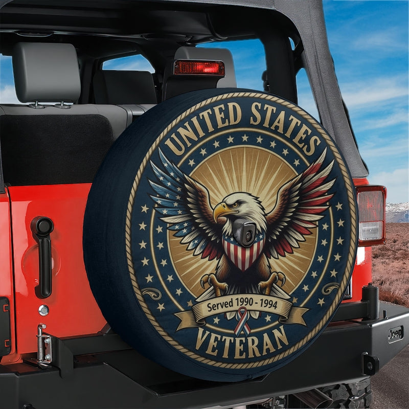 US Military Veteran Personalized Spare Tire Cover With Backup Camera Hole Option