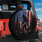 Bigfoot Across America tire cover front view with sasquatch silhouette and US landscape art