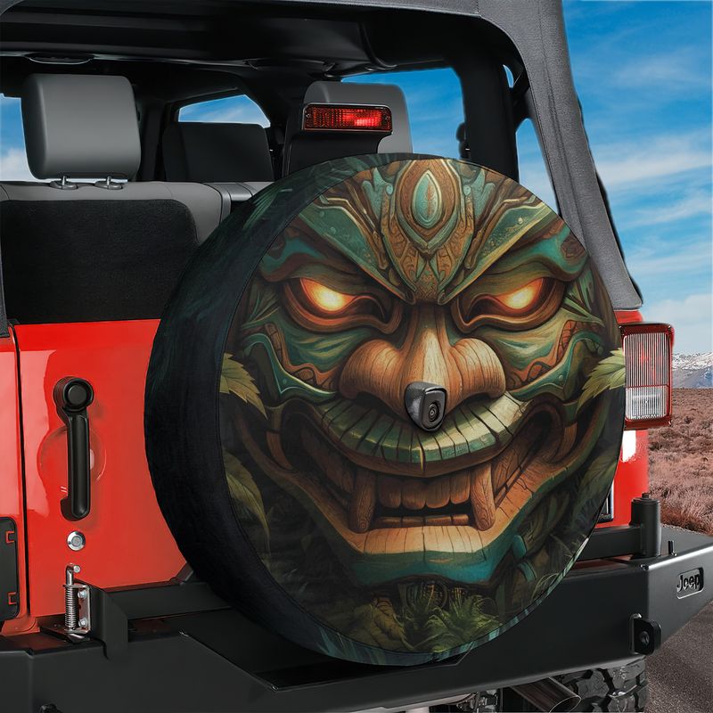 Tiki Totem of Fury spare tire cover main product render with carved wooden green tribal mask design