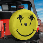 Palm Smiles spare tire cover on red Ford Bronco rear tailgate desert backdrop showing tropical smile