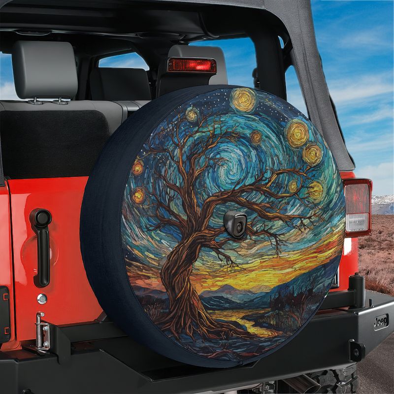Abstract Sunset Skyline spare tire cover mounted on red Jeep rear with vivid orange purple cityscape silhouette