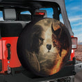 Heaven vs Hell Ultimate Battle spare tire cover on red Jeep Wrangler with God and Devil facing off
