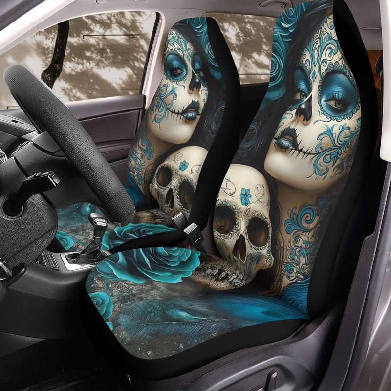 Turquoise Dia de los Muertos Seat Covers for Front Bucket Seats – Universal Fit