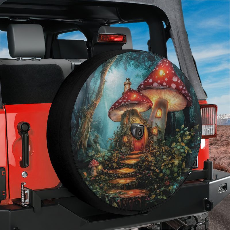 Enchanted Mushroom Cottage spare tire cover product shot showing the round whimsical mushroom-house artwork on canvas