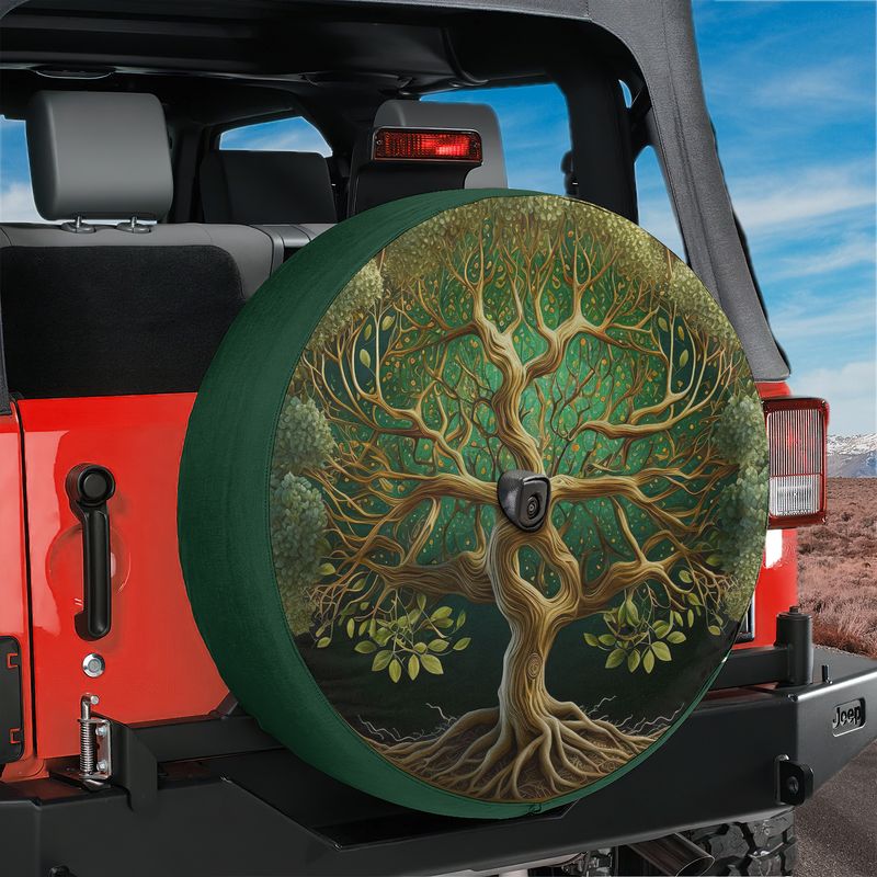 Yggdrasil ancient tree painted tire cover on red Jeep Wrangler with desert horizon and clear blue sky