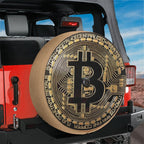 Bitcoin Crypto Token spare tire cover installed on a red Jeep Wrangler rear hatch with the gold crypto B coin