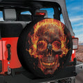 Flaming Skull spare tire cover with fire-wreathed skull mounted on red Jeep Wrangler tailgate