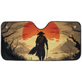 Samurai Sunset auto sunshade artwork displayed flat above an installed windshield mockup view perspective