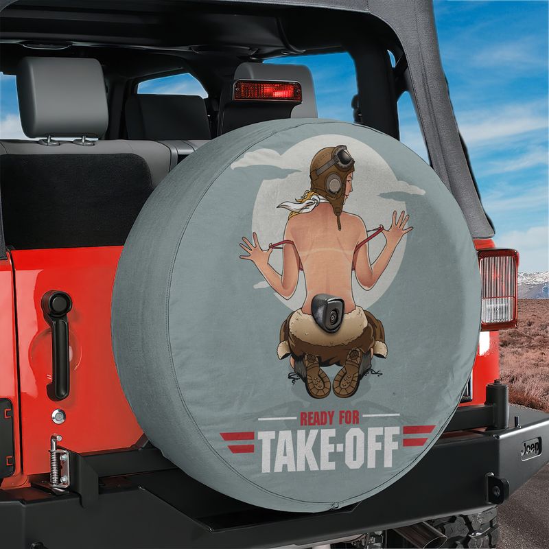 Pin-Up Girl Ready For Take-Off bomber spare tire cover on red Jeep Wrangler retro art