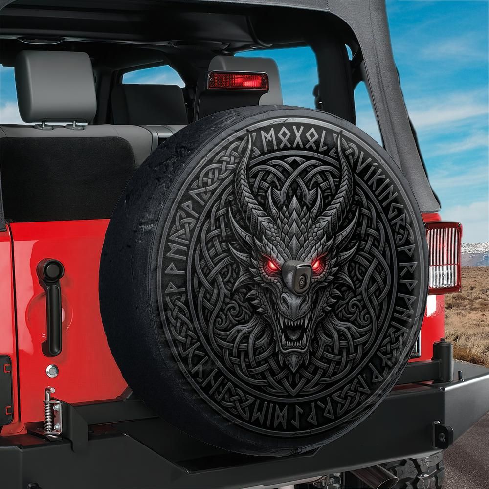 Viking Norse Fafnir Runic Dragon Spare Tire Cover With Backup Camera Hole