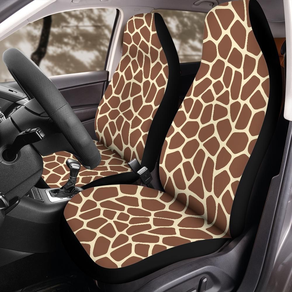 Giraffe print seat cover hero product shot on plain background, universal bucket seat fit