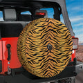 Bengal tiger print spare tire cover on a red Jeep Wrangler tailgate showing orange and black stripe art
