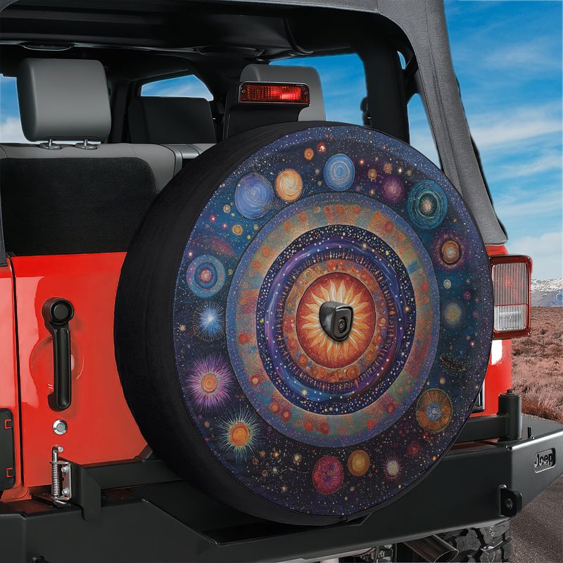 Galaxy Mandala spare tire cover with cosmic geometric design featuring stars and sacred patterns