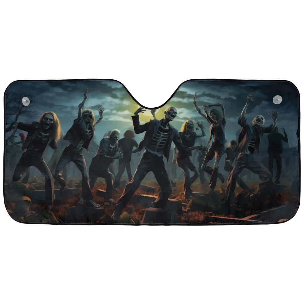 Zombie Dance auto sunshade artwork displayed flat above an installed windshield mockup view perspective