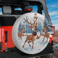 Reindeer Games spare tire cover mounted on a red Jeep Wrangler with snowy forest scene and three cartoon reindeer