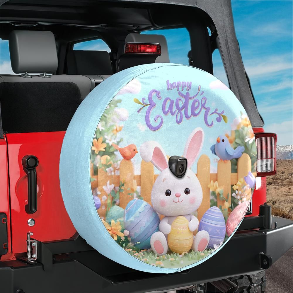 Cute Pastel Easter Bunny Spare Tire Cover With Backup Camera Hole Option