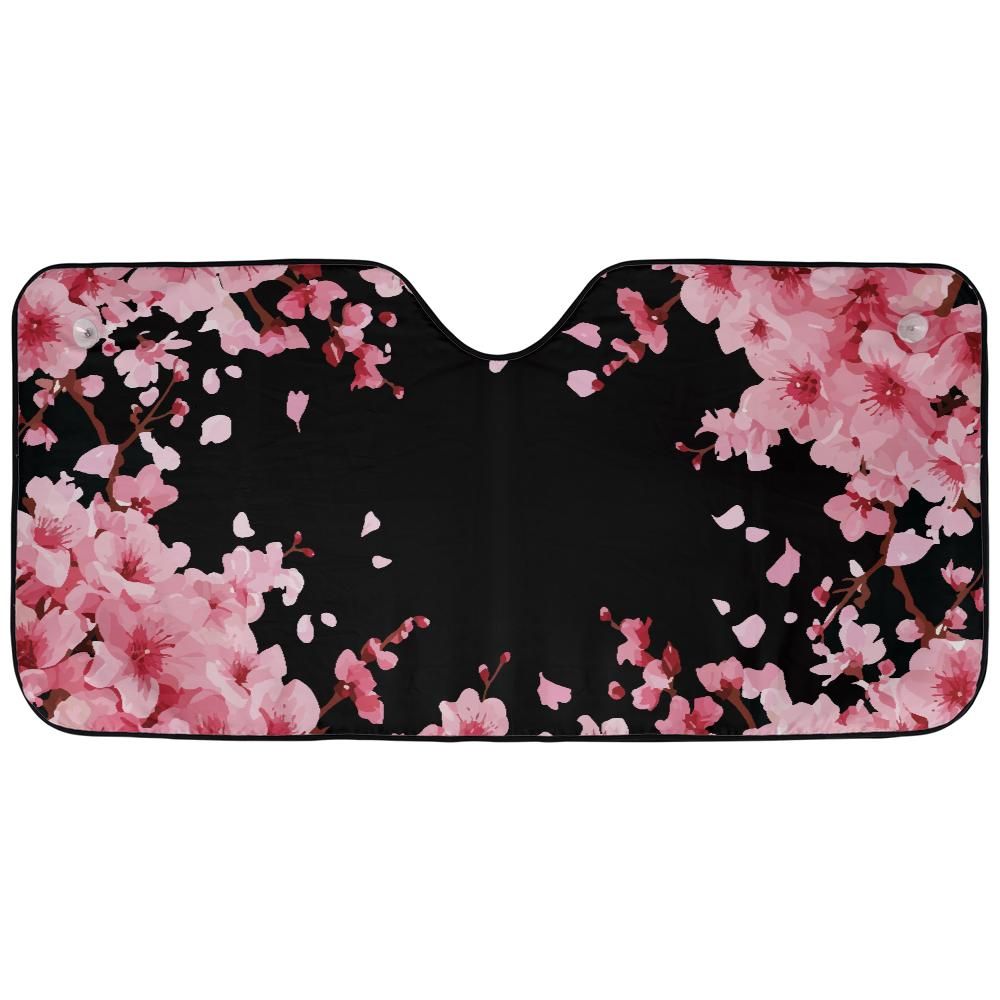 Japanese Cherry Blossom auto sunshade artwork displayed flat above an installed windshield mockup view