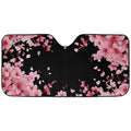 Japanese Cherry Blossom auto sunshade artwork displayed flat above an installed windshield mockup view