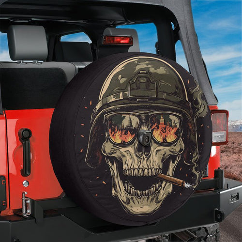 Burning reflections army skull spare tire cover mounted on a red Ford Bronco tailgate against red rock desert